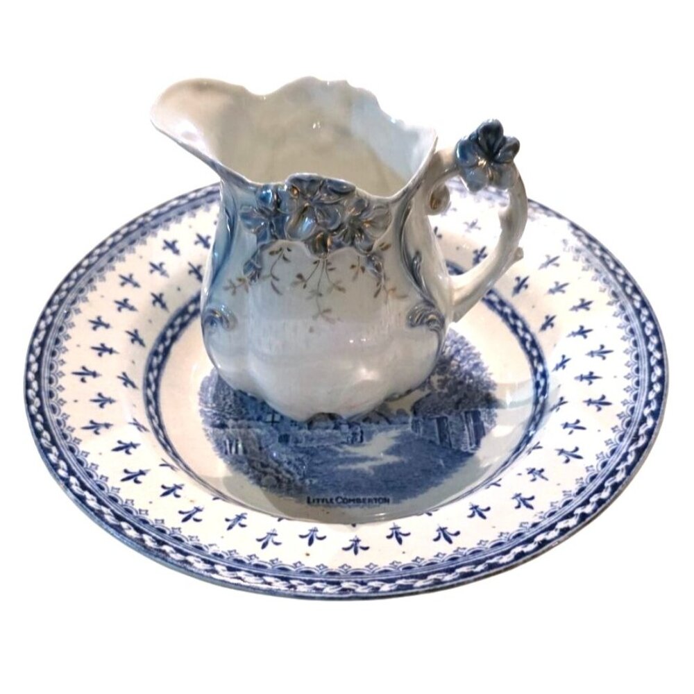 Royal Crown Ducal Albion 8" PLate‎ & A. Stucco Pitcher Blue Italian Floral